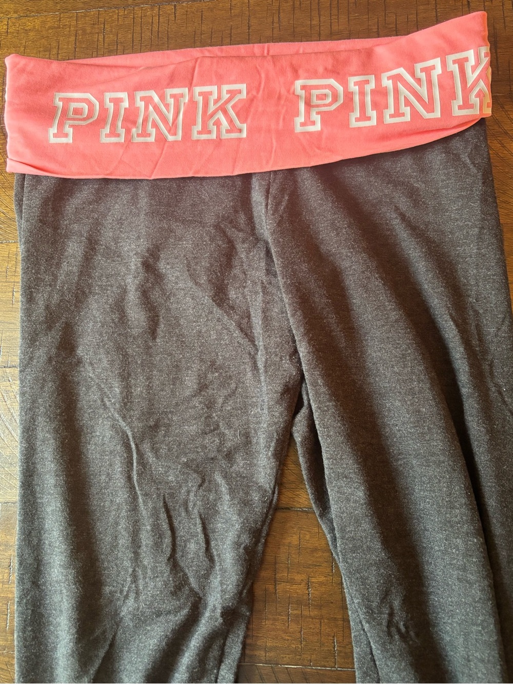 PINK Fold-Over Waistband Yoga Leggings in Coral & Heather Gray Size Small